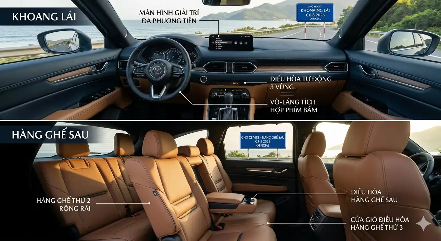Nội thất Mazda CX-8 2026 với chất liệu da Nappa và không gian hàng ghế thứ 3 cực kỳ rộng rãi