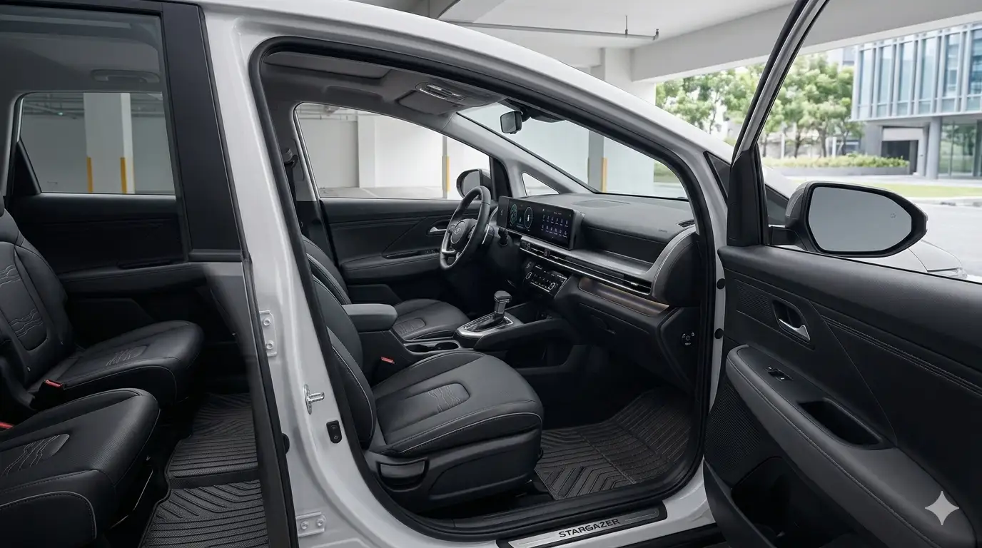 Không gian nội thất 7 chỗ rộng rãi của Hyundai Stargazer 2026 khi mở cửa ngang