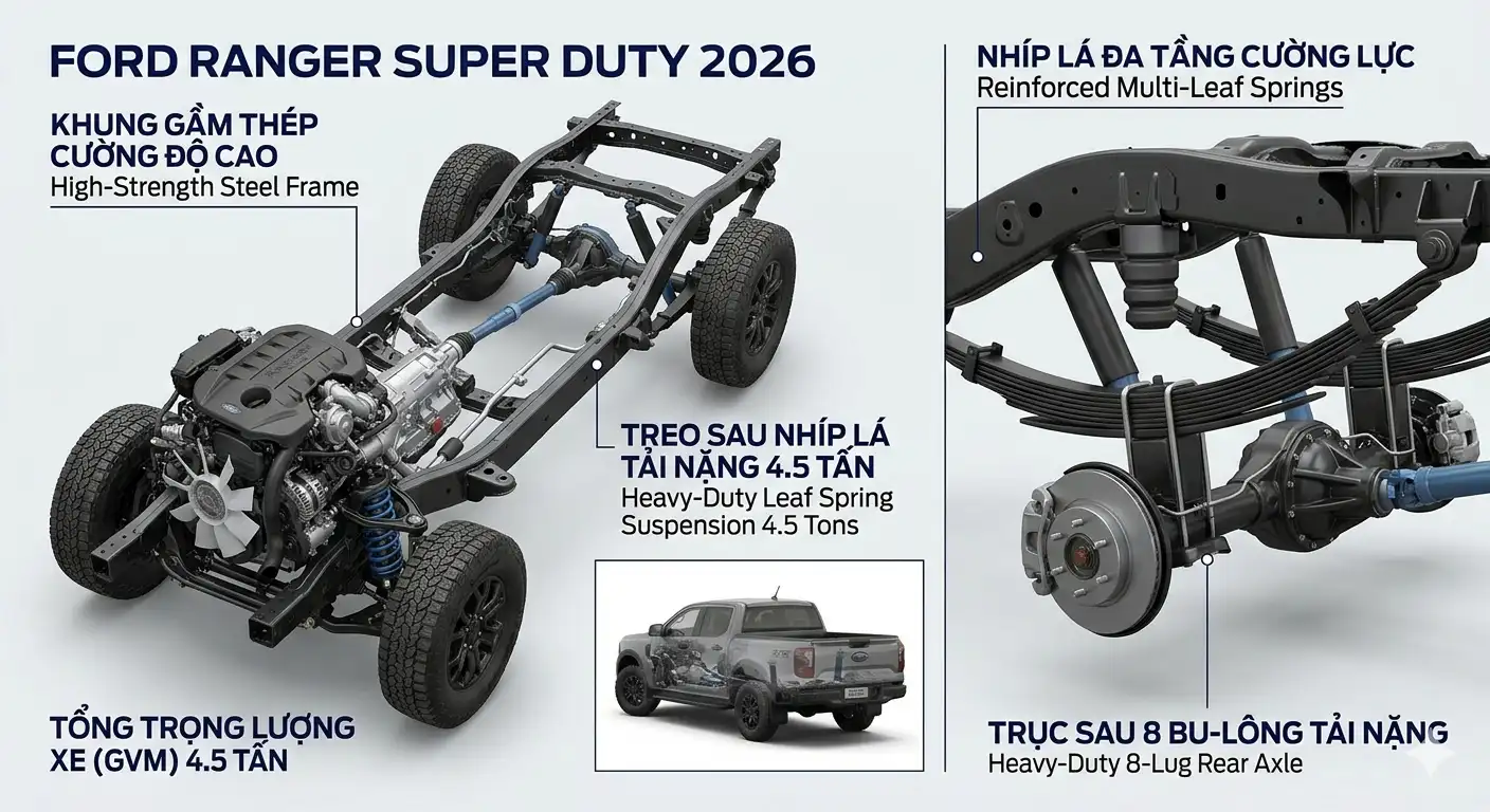 Hệ thống khung gầm thép cường lực và nhíp lá đa tầng chịu tải 4.5 tấn trên Ranger Super Duty