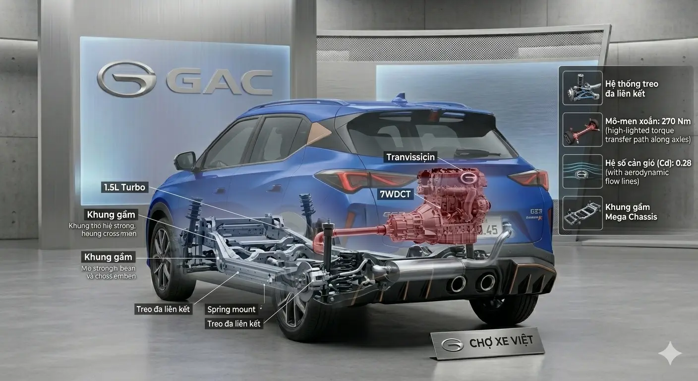 Mô phỏng cấu trúc khung gầm Mega Chassis và hệ thống treo đa liên kết trên mẫu xe SUV GAC GS3 Emzoom 2026.