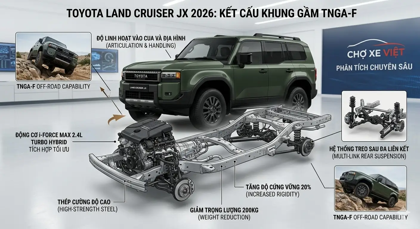 Sơ đồ kết cấu khung gầm rời TNGA-F siêu cứng của Toyota Land Cruiser JX 2026.