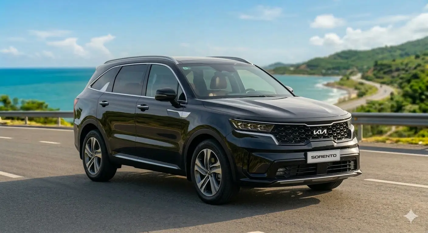 Mẫu xe Kia Sorento 2023 cũ màu đen bóng bẩy trên cung đường biển.