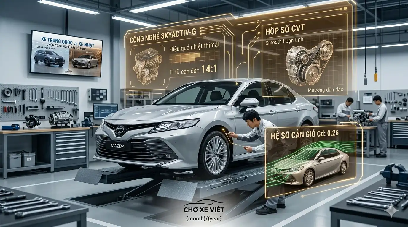 Phân tích kỹ thuật xe Nhật Bản với tỉ số nén động cơ cao, hộp số vô cấp CVT và hệ số cản gió Cd tối ưu hóa hiệu suất.