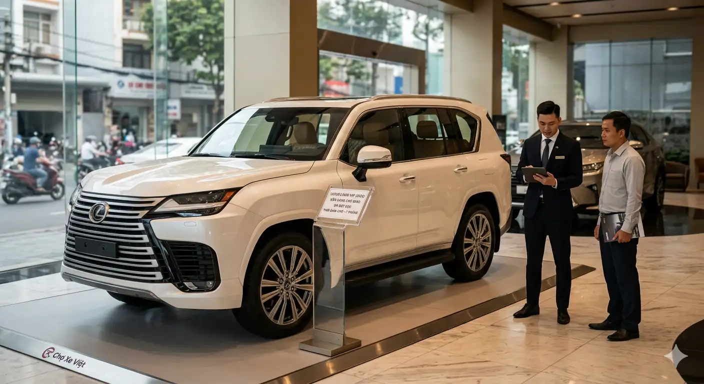 Xe Lexus LX600 màu trắng tại showroom Chợ Xe Việt với thông báo chờ giao xe ít nhất 6 tháng
