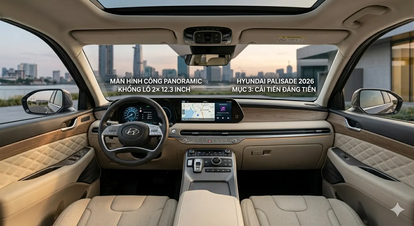 Khoang lái hiện đại với cụm màn hình cong Panoramic khổng lồ của Hyundai Palisade 2026.