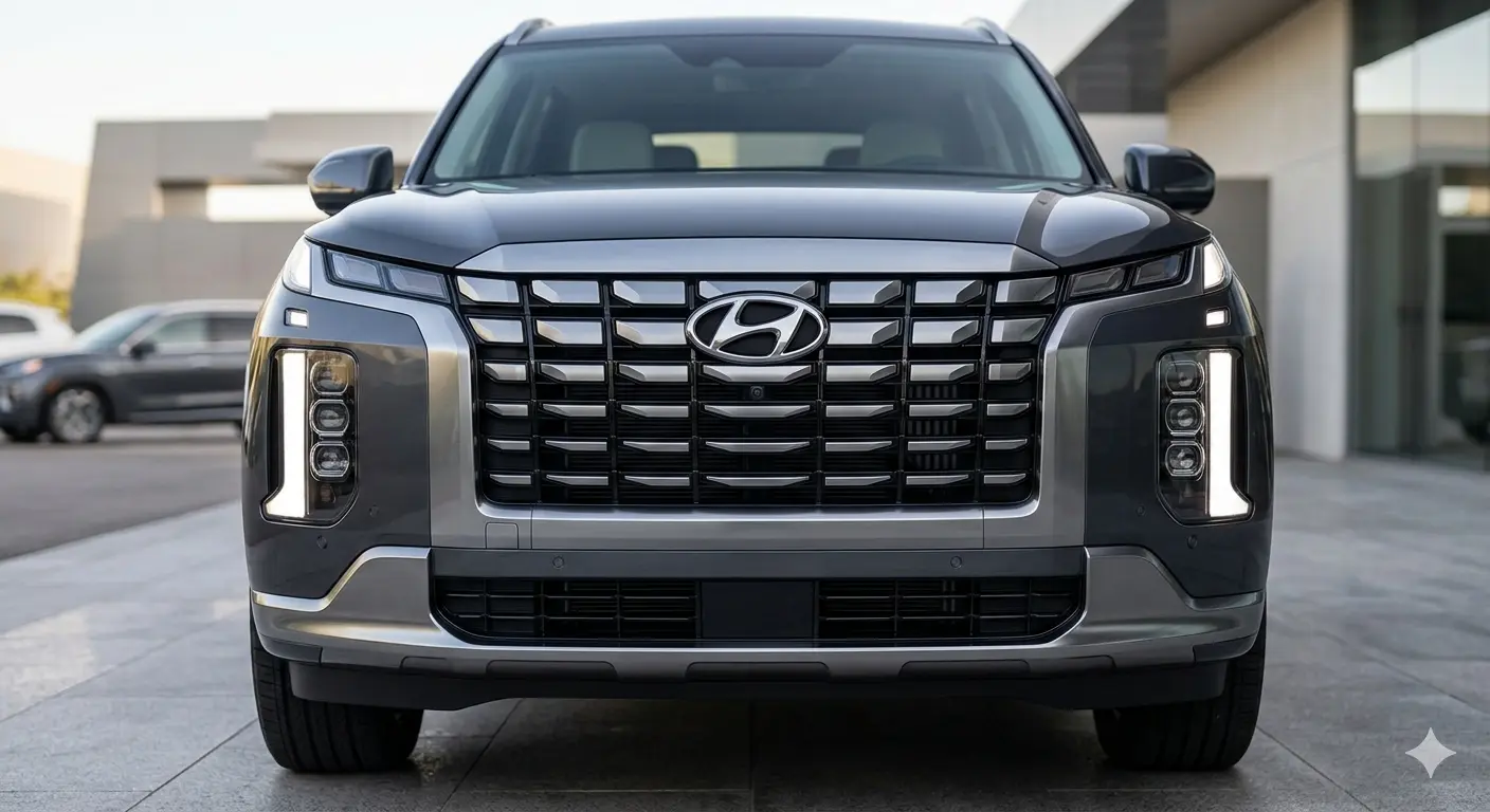Thiết kế mặt ca-lăng hình khối khổng lồ và đèn LED tầng dọc trên Hyundai Palisade 2026.