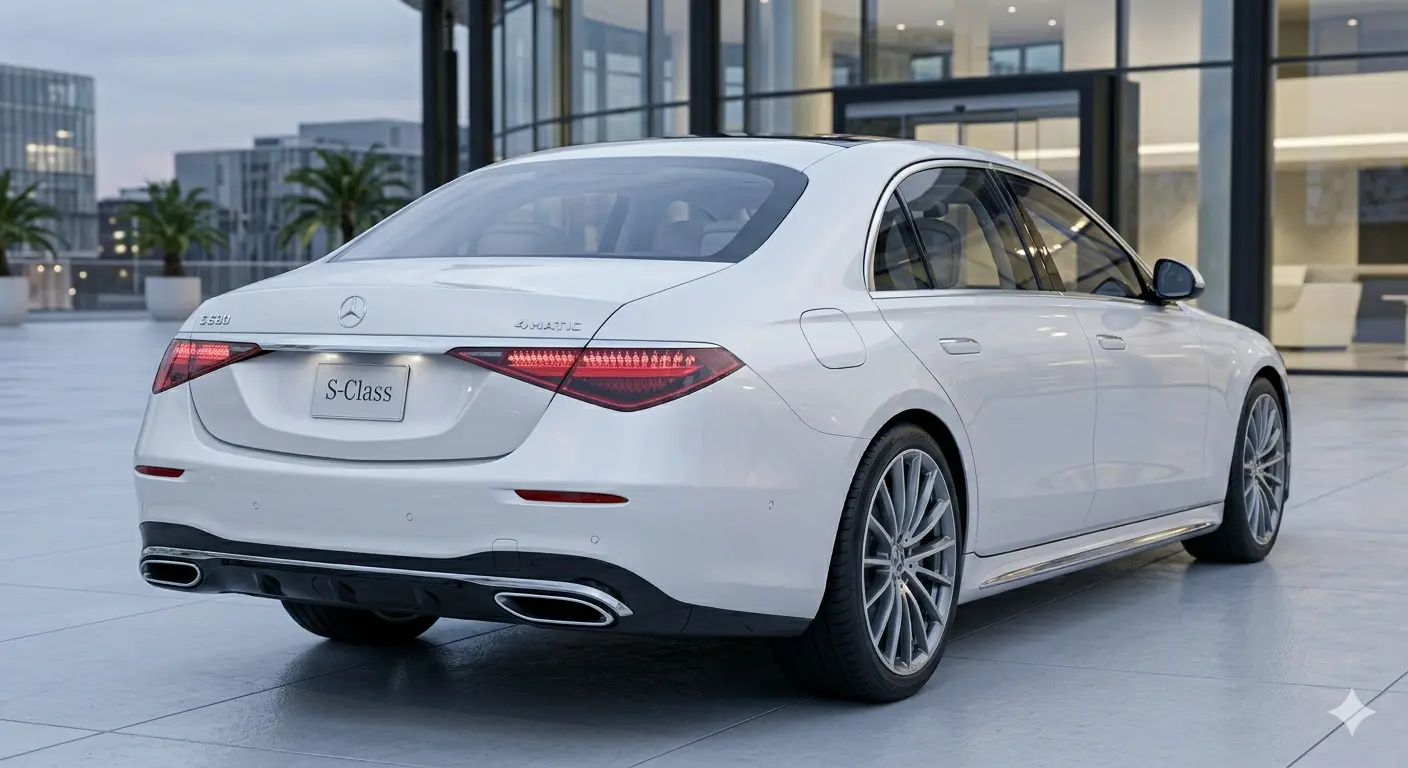Góc nhìn 3/4 từ phía sau đuôi xe Mercedes-Benz S-Class 2027 màu trắng tôn lên vẻ đẹp thanh lịch và khí động học.