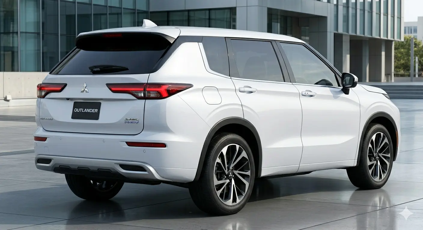 Thiết kế đuôi xe Mitsubishi Outlander 2026 màu trắng nổi bật với cụm đèn hậu LED đồ họa mới và hệ thống ống xả kép thể thao.