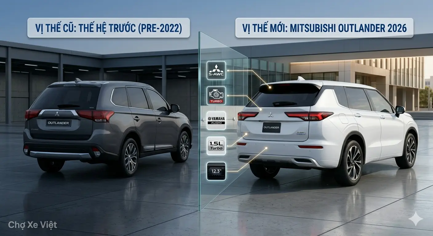 Bảng so sánh trực quan Mitsubishi Outlander 2026 thế hệ mới với thế hệ trước (Pre-2022), làm nổi bật các nâng cấp về động cơ 1.5L Turbo, hệ thống âm thanh Yamaha và thiết kế hiện đại.