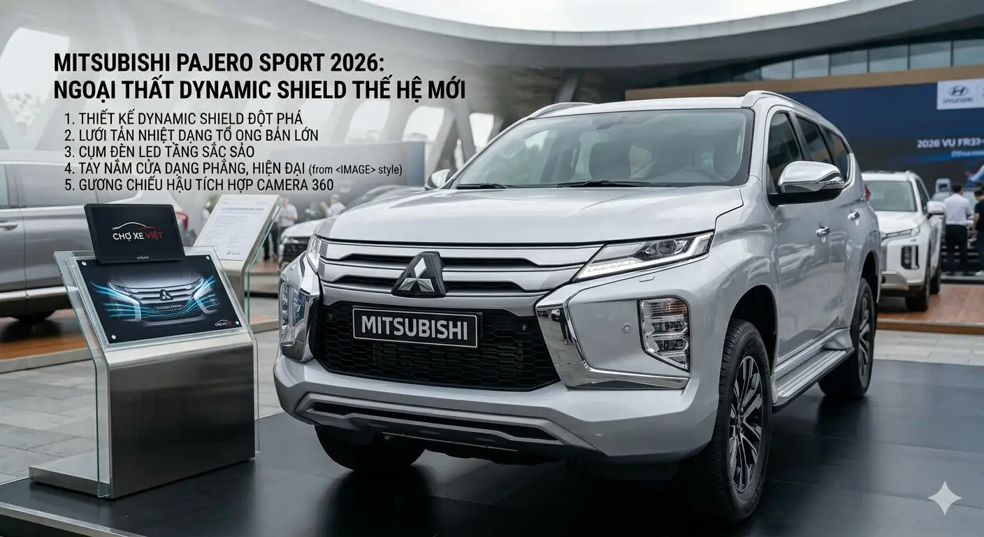 Mặt trước xe Mitsubishi Pajero Sport 2026 với ngôn ngữ thiết kế Dynamic Shield thế hệ mới.