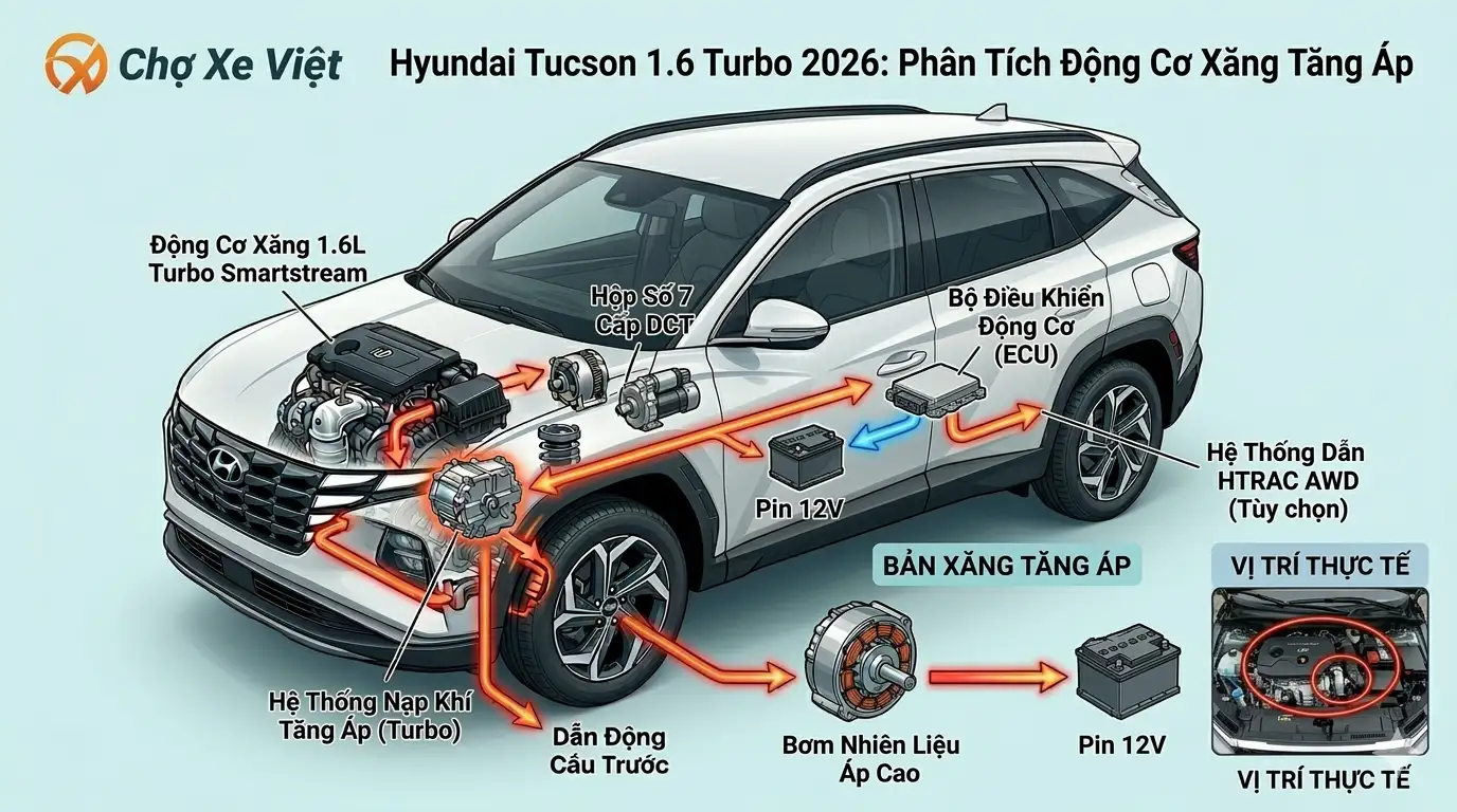 Cấu trúc động cơ xăng tăng áp 1.6L SmartStream mạnh mẽ trên Hyundai Tucson 2026.