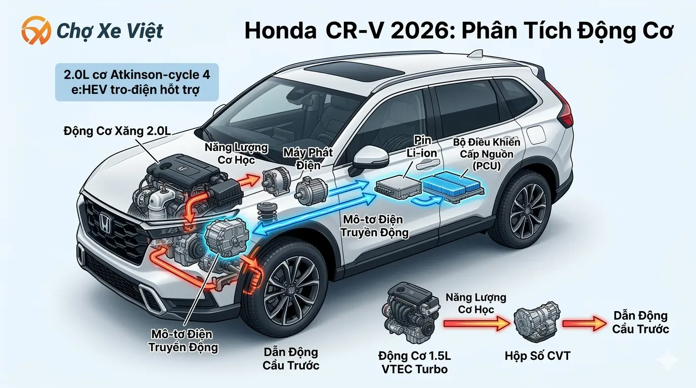Sơ đồ mô phỏng hệ truyền động Hybrid e:HEV tiên tiến trên Honda CRV 2026.