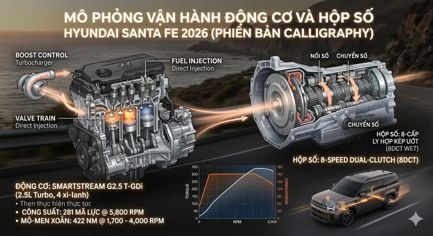 Sơ đồ mô phỏng động cơ Smartstream 2.5L Turbo và hộp số 8 cấp của Hyundai Santa Fe 2026