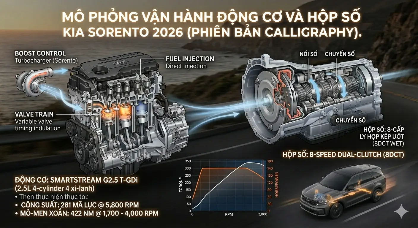 Cấu tạo động cơ và hộp số ly hợp kép ướt 8DCT trên xe Kia Sorento 2026