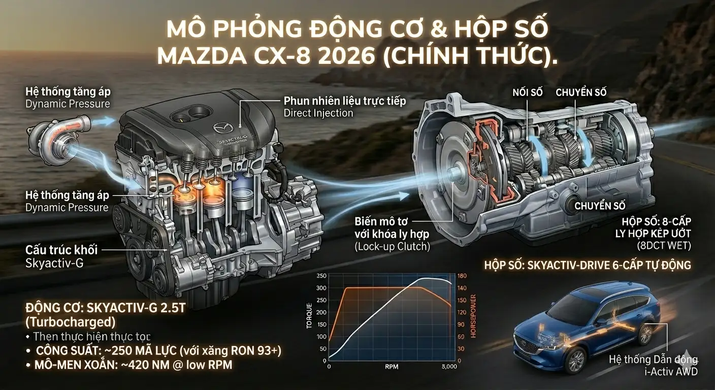 Mô phỏng khối động cơ SkyActiv-G mạnh mẽ và bền bỉ của Mazda CX-8 2026