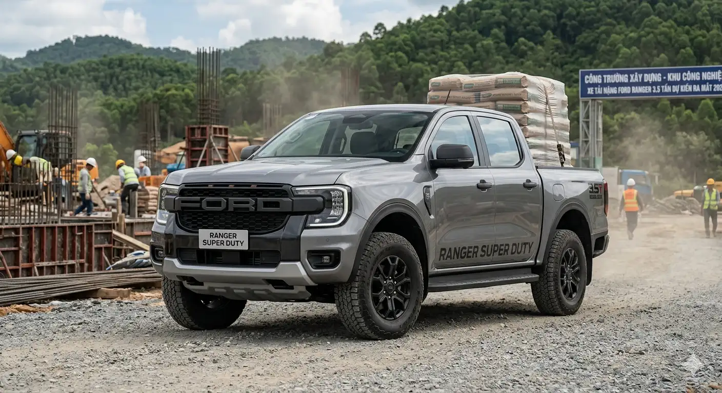 Hình ảnh mô phỏng Ford Ranger 2026 bản tải nặng chở vật liệu xây dựng tại công trường