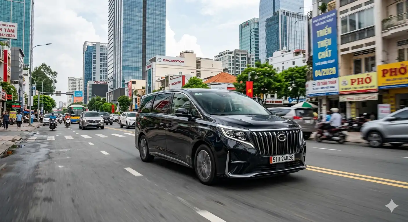 Ngoại thất xe GAC M8 2026 màu đen lăn bánh thực tế trên đường phố Việt Nam chuẩn phong cách Chợ Xe Việt.
