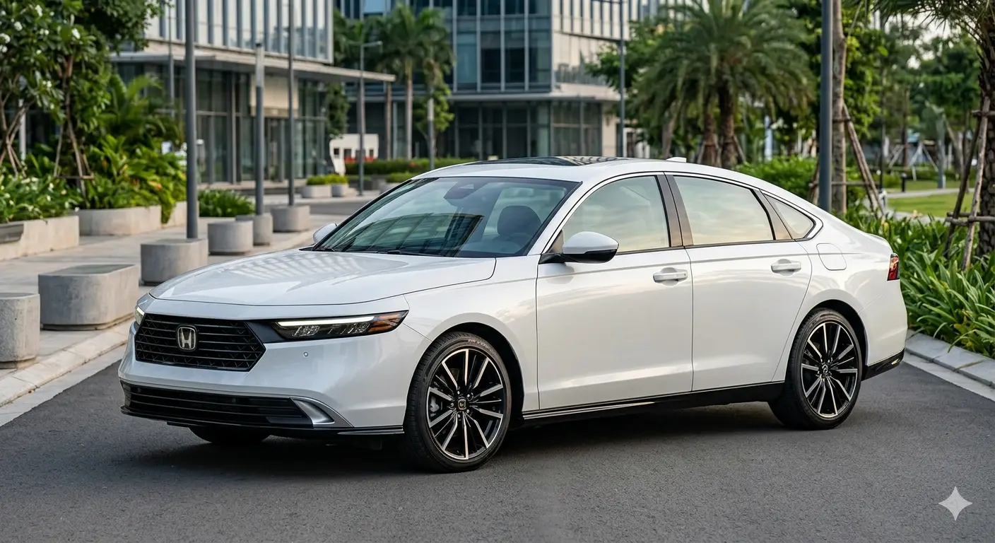 Ngoại thất xe Honda Accord 2026 màu trắng với thiết kế lưới tản nhiệt mới và mâm hợp kim 19 inch thể thao
