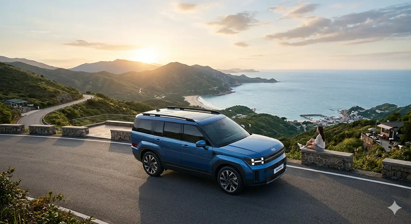 Ngoại thất xe Hyundai SantaFe toàn cảnh trên cung đường ven biển lúc hoàng hôn