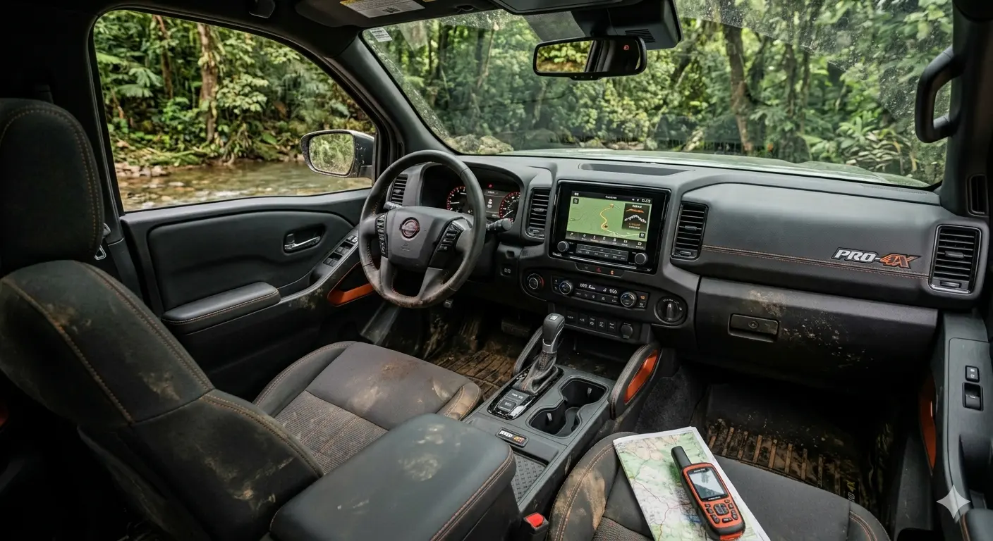 Không gian nội thất Nissan Frontier Pro-4X 2026 hiện đại với màn hình 12.3 inch và ghế Zero Gravity