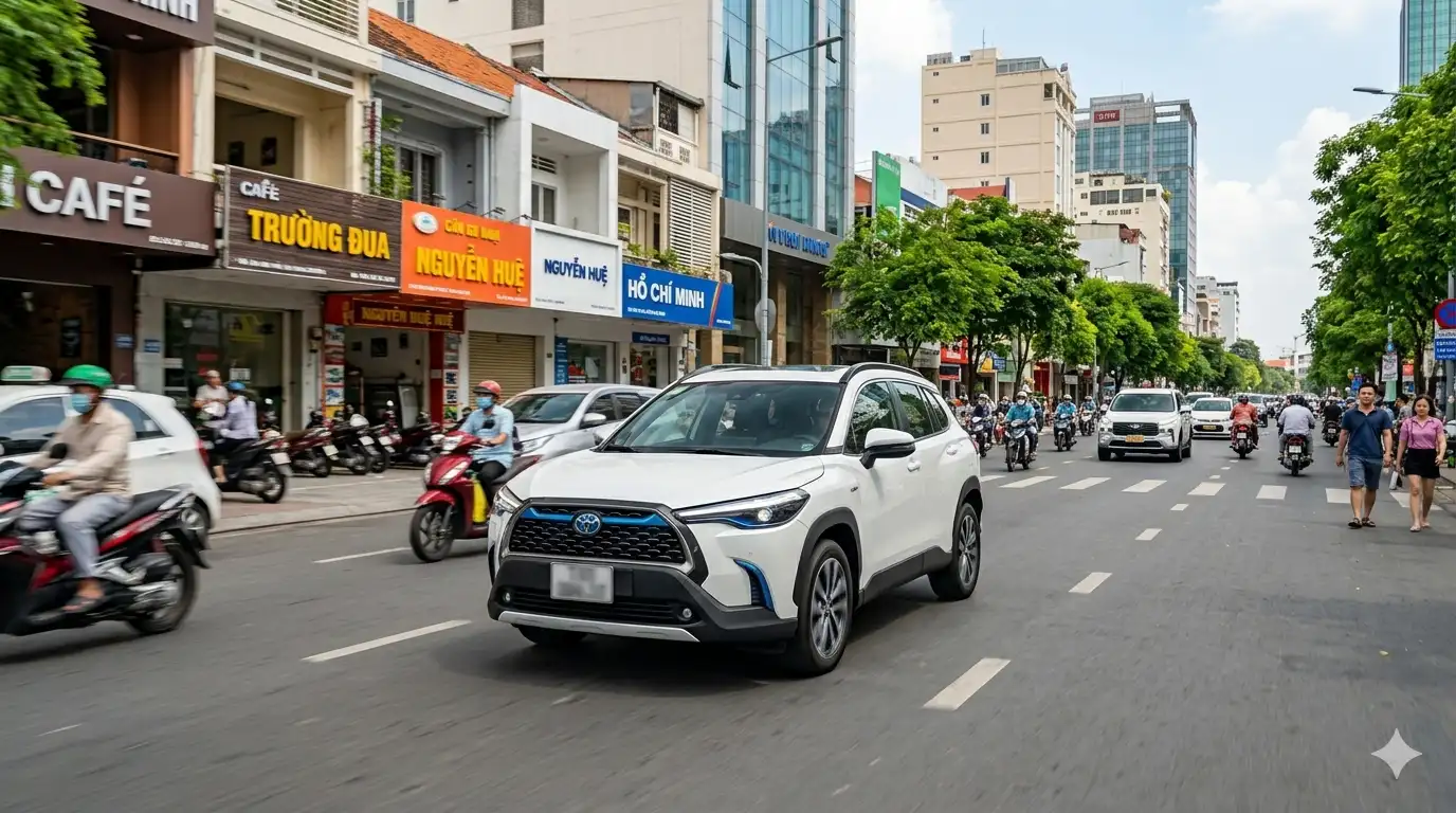 Toyota Corolla Cross 2026 màu trắng vận hành thực tế trên đường phố Việt Nam với thiết kế ngoại thất hiện đại