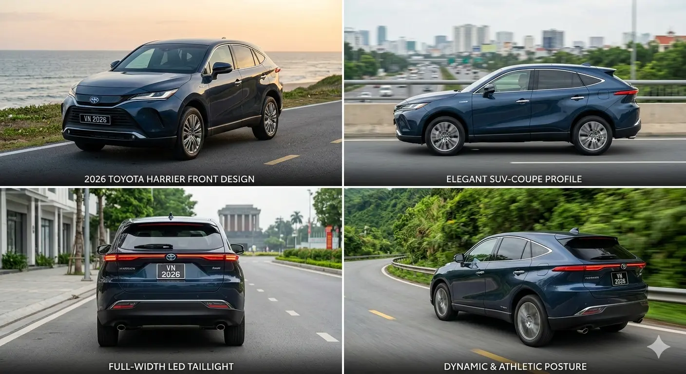 Thiết kế ngoại thất SUV-Coupe sang trọng của Toyota Harrier 2026 phiên bản mới nhất.