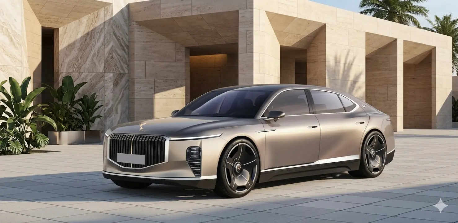 Ngoại thất xe siêu sang VinFast 800s màu vàng đồng với lưới tản nhiệt nan dọc và logo cánh chim đẳng cấp.