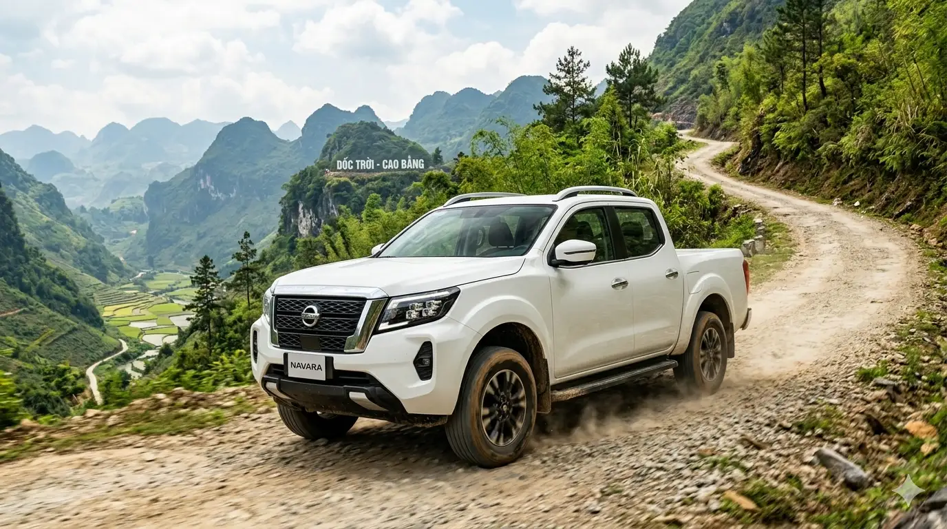 Xe bán tải Nissan Navara vận hành mạnh mẽ trên đường đèo dốc tại Cao Bằng Việt Nam.