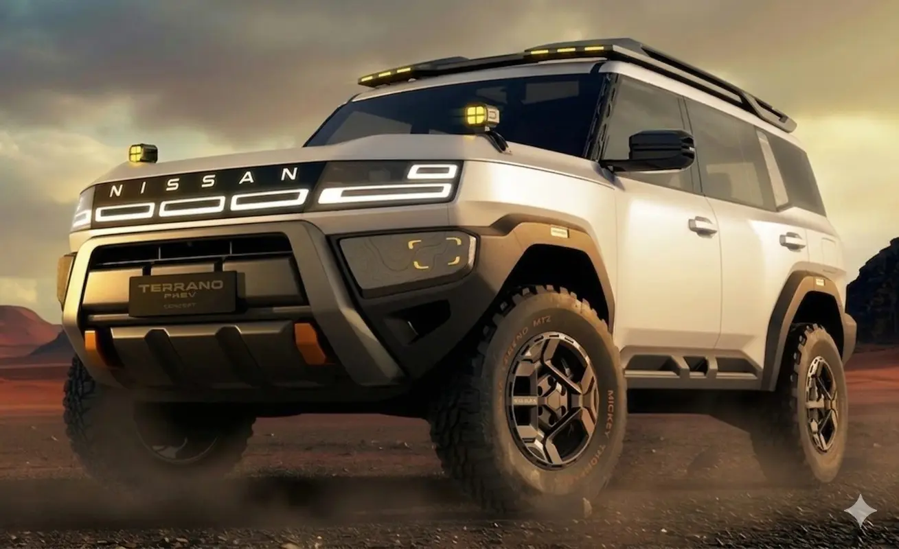 Cận cảnh thiết kế đầu xe Nissan Terrano PHEV Concept màu trắng với lưới tản nhiệt V-Motion và cụm đèn LED hiện đại.