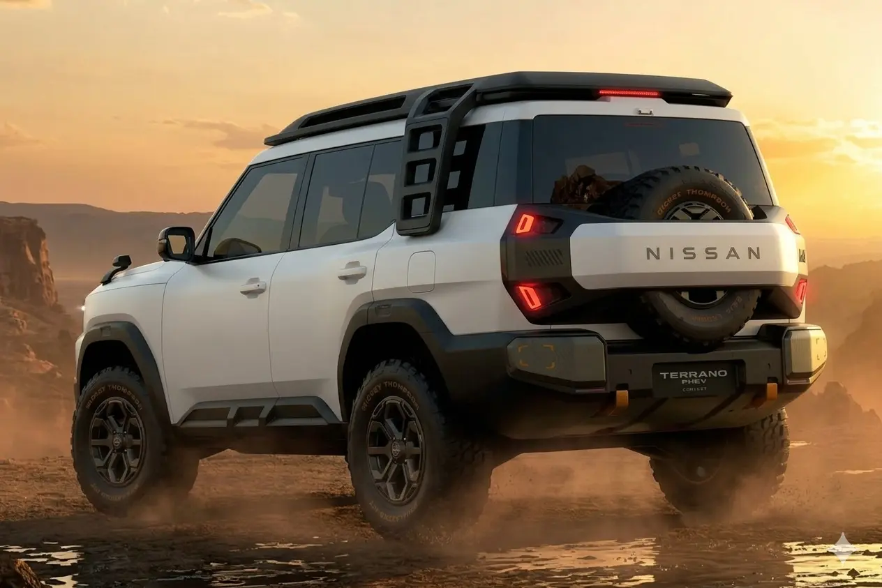 Thiết kế đuôi xe Nissan Terrano PHEV Concept màu trắng hầm hố với lốp dự phòng treo sau và cụm đèn hậu đồ họa ấn tượng.