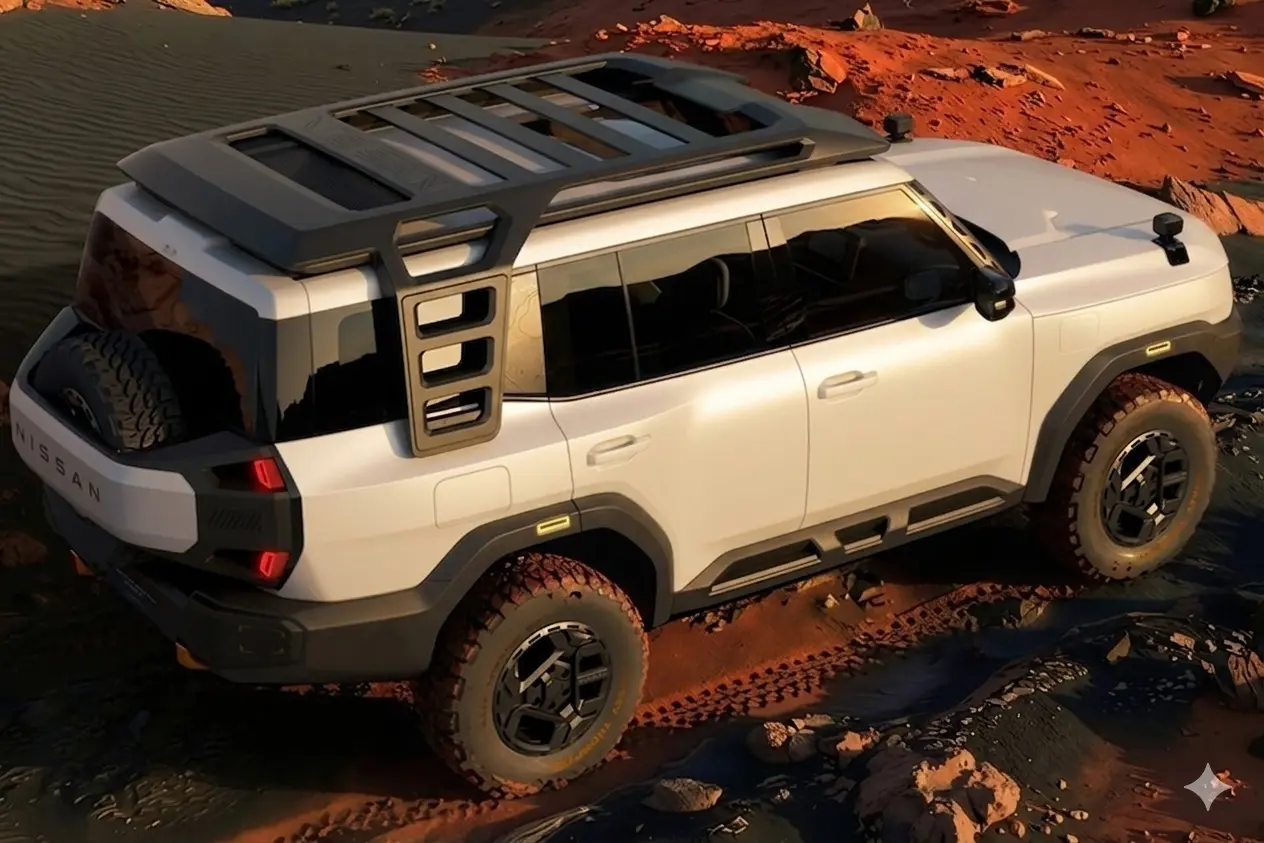 Ngoại thất Nissan Terrano PHEV Concept màu trắng nhìn từ góc nghiêng làm nổi bật giá nóc và phong cách SUV địa hình.