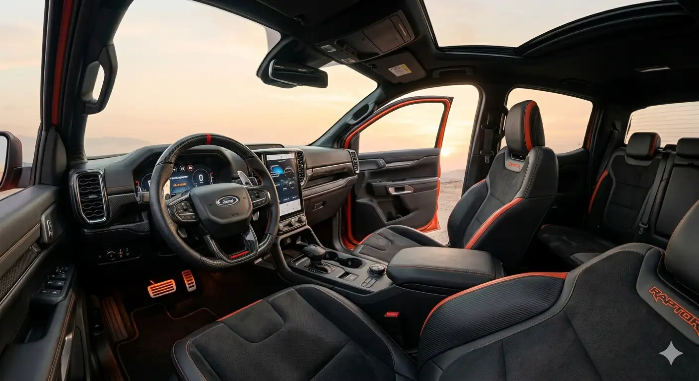 Không gian nội thất hiện đại kết hợp phong cách xe đua và xe sang trên Ford Ranger Raptor 2026