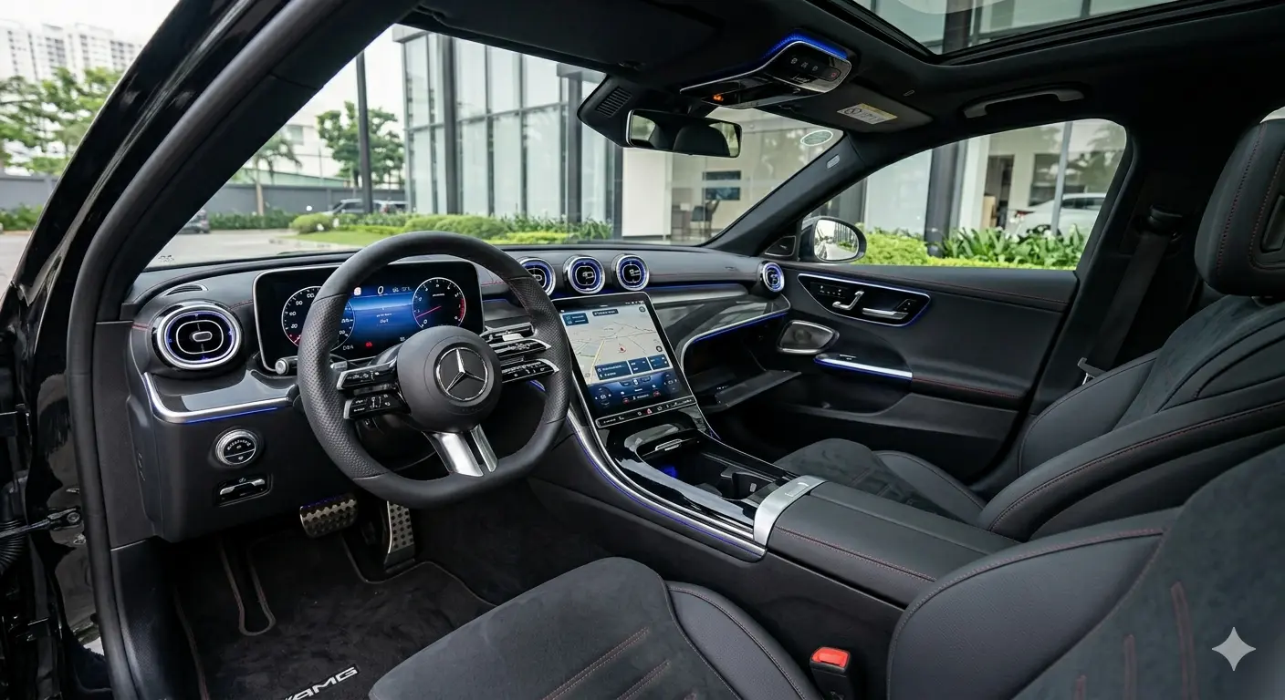 Khoang lái và nội thất xe Mercedes-Benz C300 cũ với màn hình MBUX dọc, cập nhật giá xe cũ trên Chợ Xe Việt.