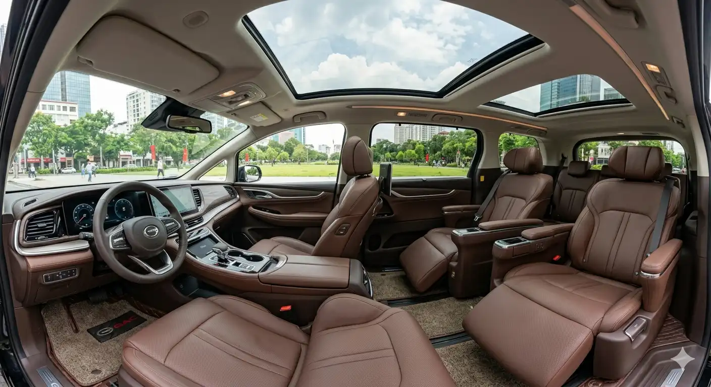 Không gian nội thất hạng thương gia của GAC M8 2026 với ghế massage và màn hình giải trí 14.6 inch.