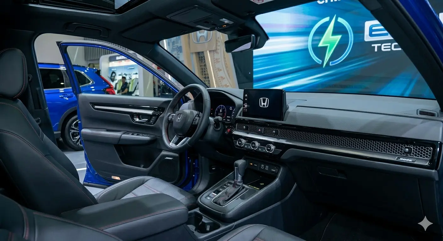 Không gian nội thất hiện đại với màn hình giải trí 9 inch và vô lăng bọc da trên Honda CR-V Hybrid.
