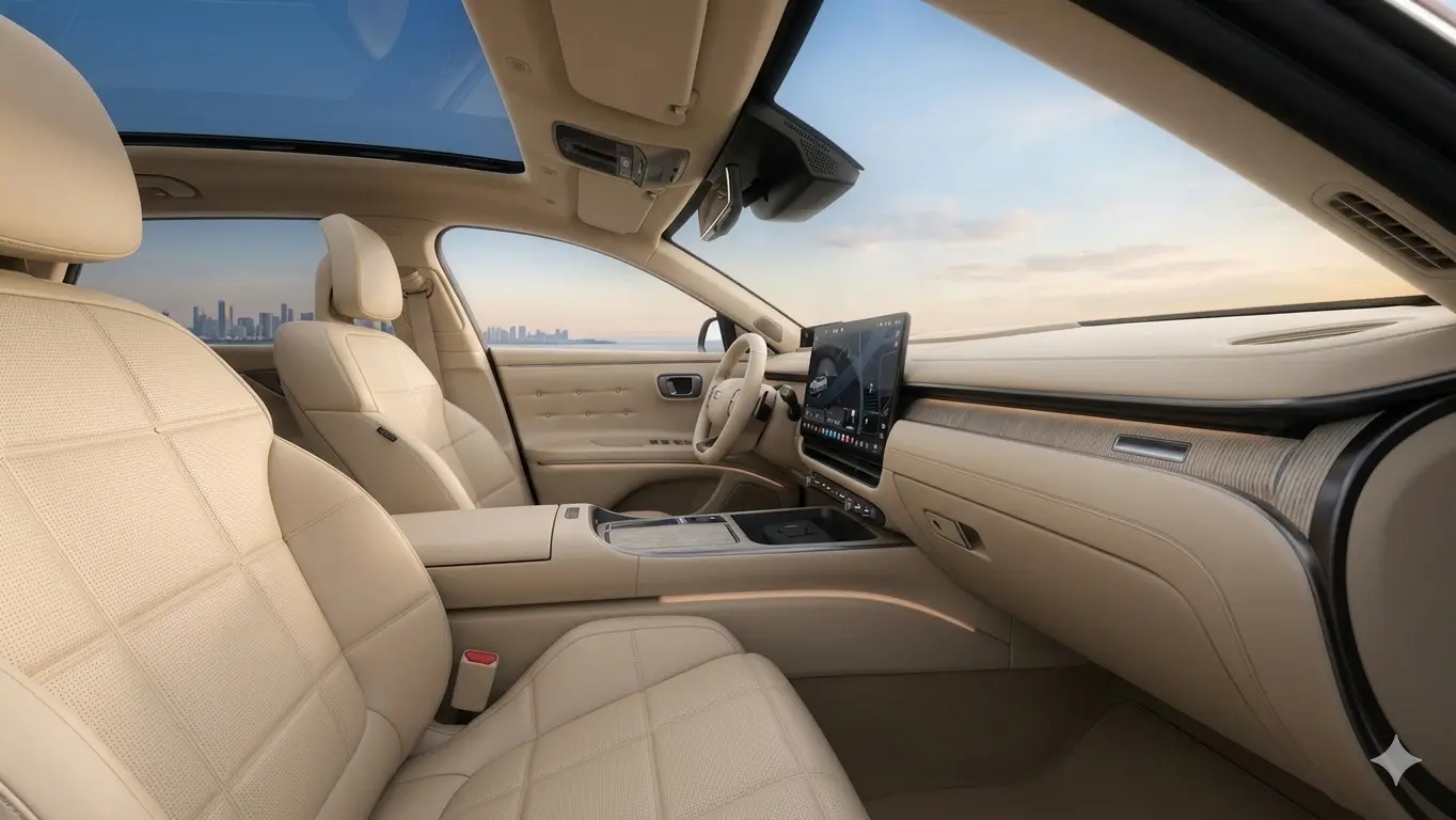 Khoang cabin xe Hyundai Grandeur 2027 bọc da màu kem cao cấp với màn hình kỹ thuật số cỡ lớn