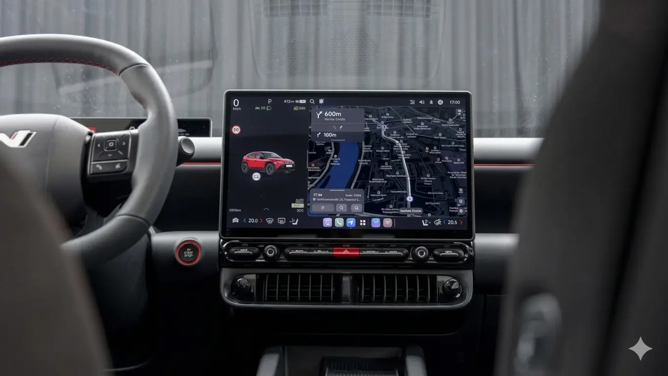 Chi tiết không gian nội thất thông minh và màn hình giải trí trung tâm trên Hyundai Ioniq 3.