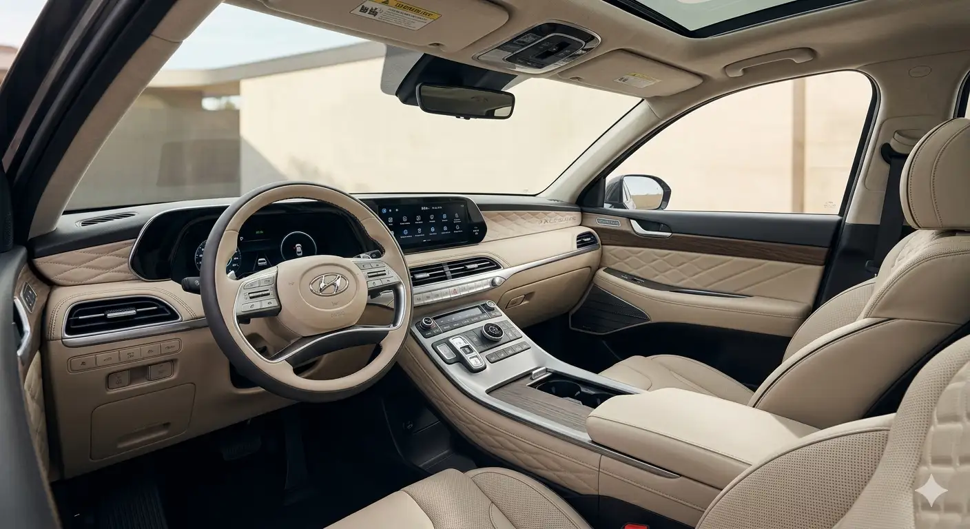 Khoang lái Hyundai Palisade bọc da Nappa cao cấp và ốp gỗ sang trọng