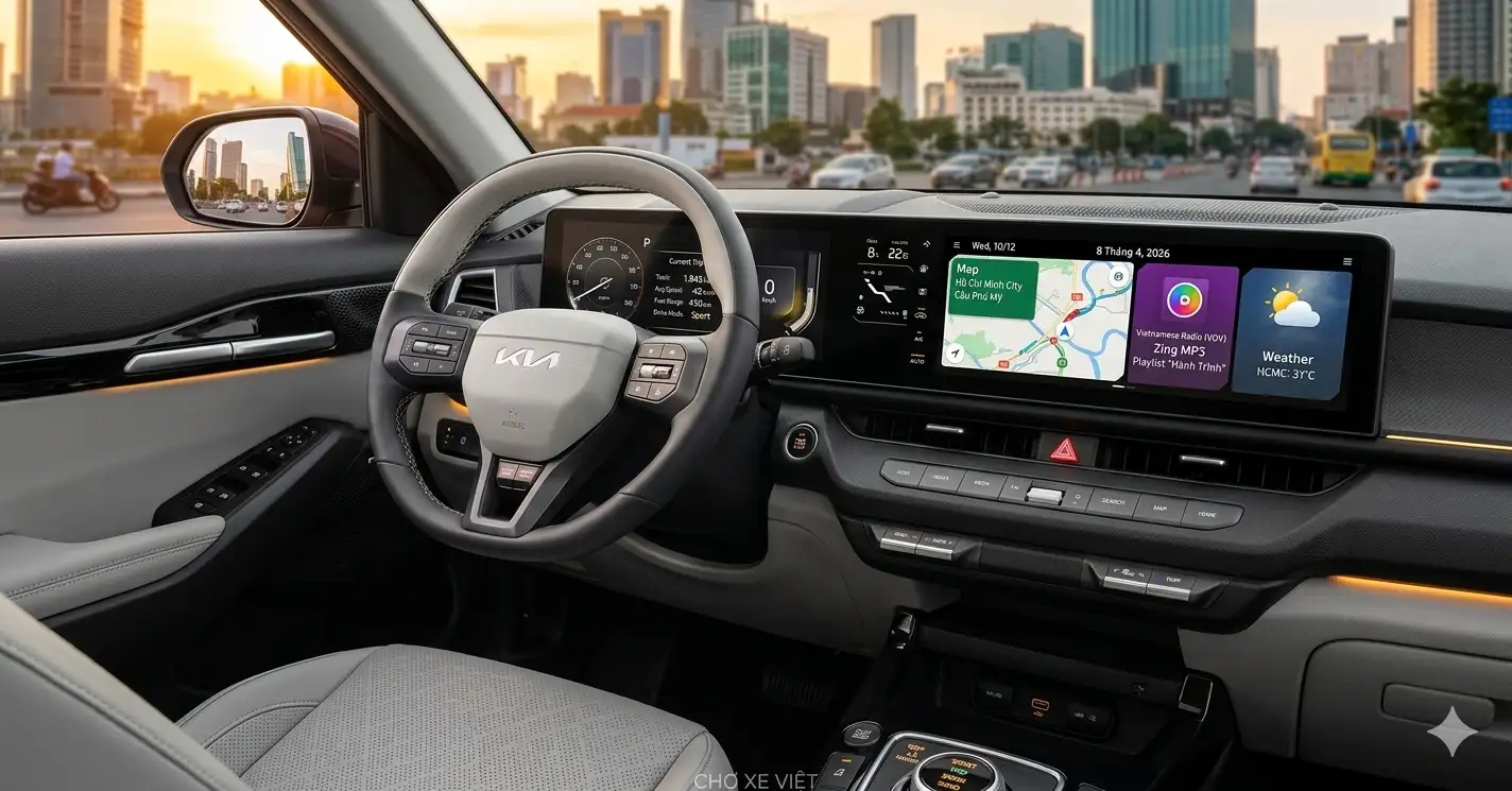Chi tiết khoang lái Kia Seltos 2026 với màn hình cong Panoramic và vô lăng 2 chấu hiện đại