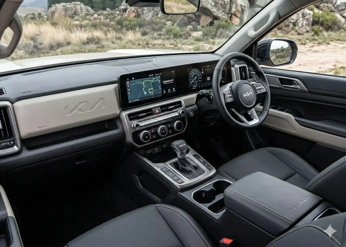 Nội thất khoang lái Kia Tasman 2026 trang bị màn hình đôi hiện đại và vô lăng tích hợp công nghệ.