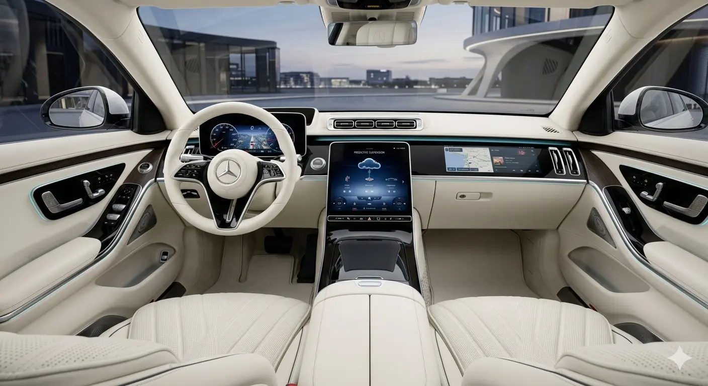 Chi tiết nội thất khoang lái Mercedes-Benz S-Class 2027 màu trắng kem bọc da cao cấp cùng cụm màn hình kỹ thuật số Superscreen.