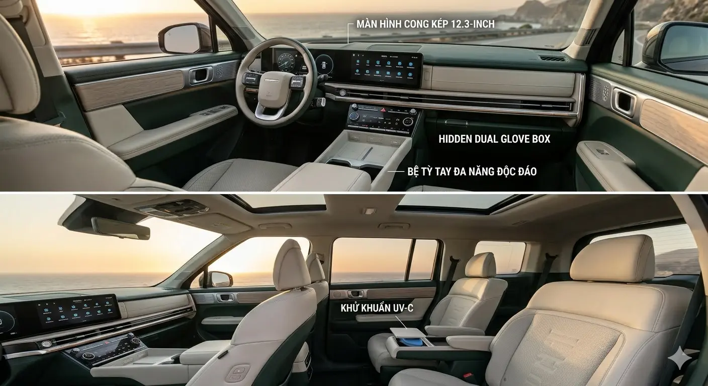 Không gian nội thất hiện đại với màn hình cong kép và hàng ghế sau rộng rãi của Santa Fe 2026