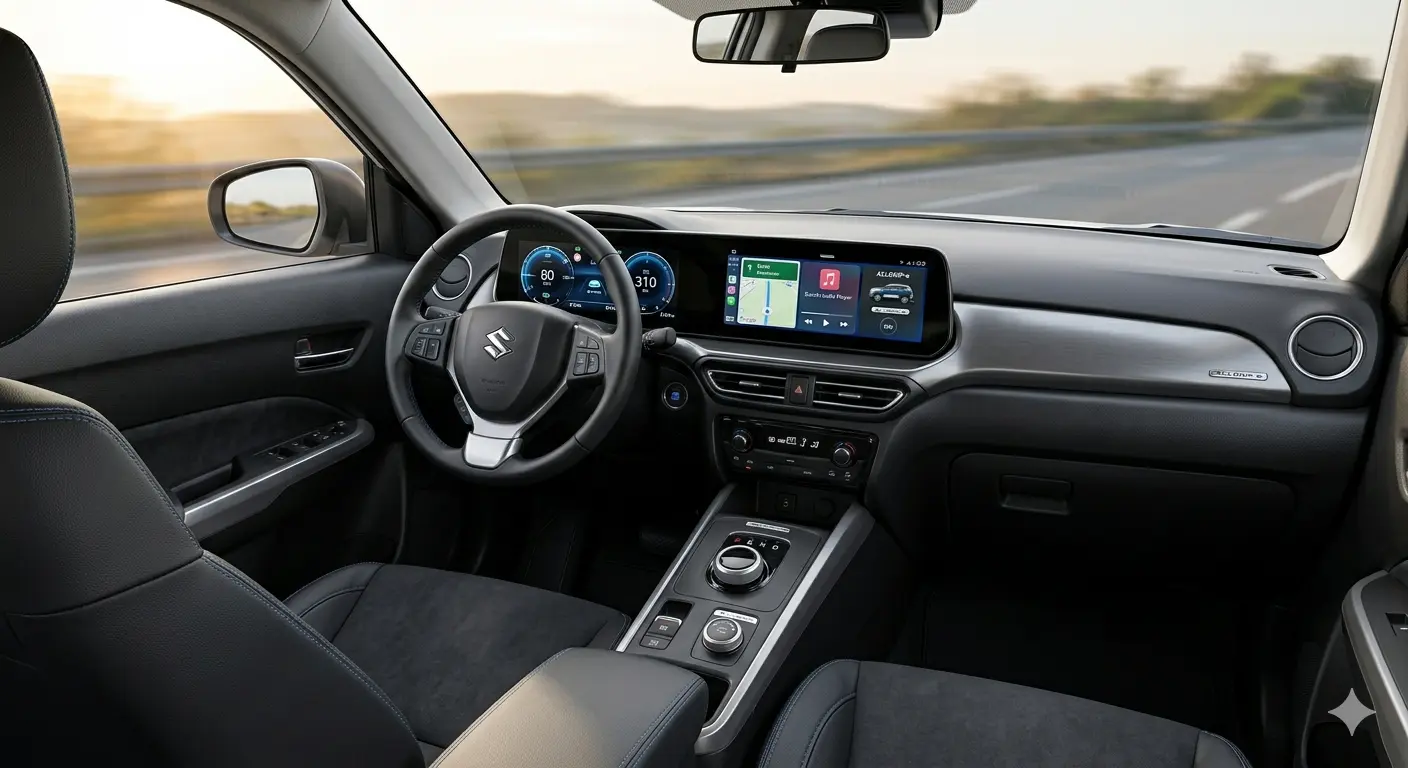 Hệ thống màn hình kép và khoang lái kỹ thuật số hiện đại bên trong xe Suzuki eVitara 2026.
