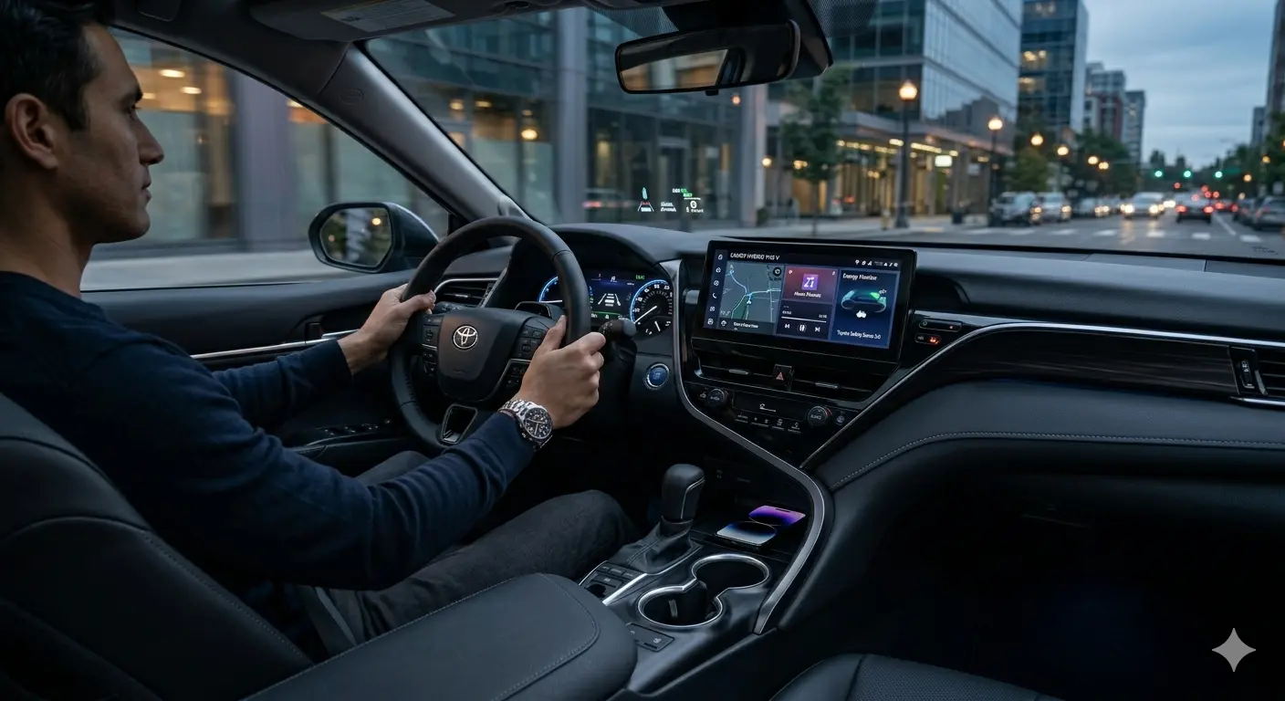 Không gian nội thất khoang lái xe Camry 2026 với màn hình đôi 12.3 inch và màn hình hiển thị HUD