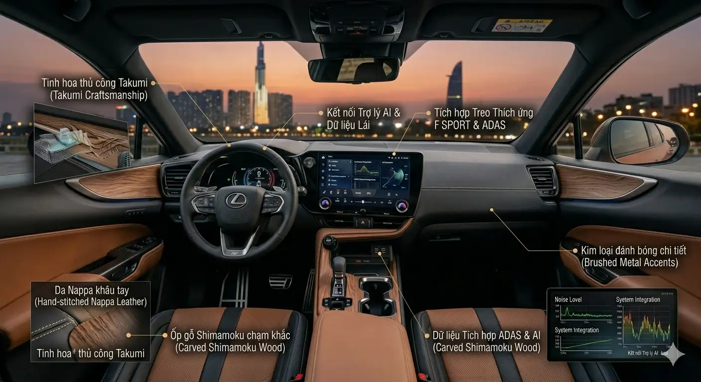 Sự tỉ mỉ trong từng đường nét thủ công Takumi trên nội thất Lexus NX 2026.