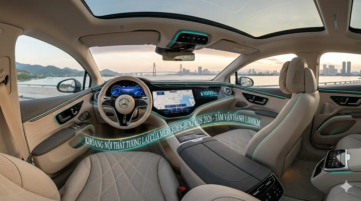 Khoang nội thất xe Mercedes-Benz EQS 2026 trang bị màn hình siêu lớn MBUX Hyperscreen và công nghệ ADAS