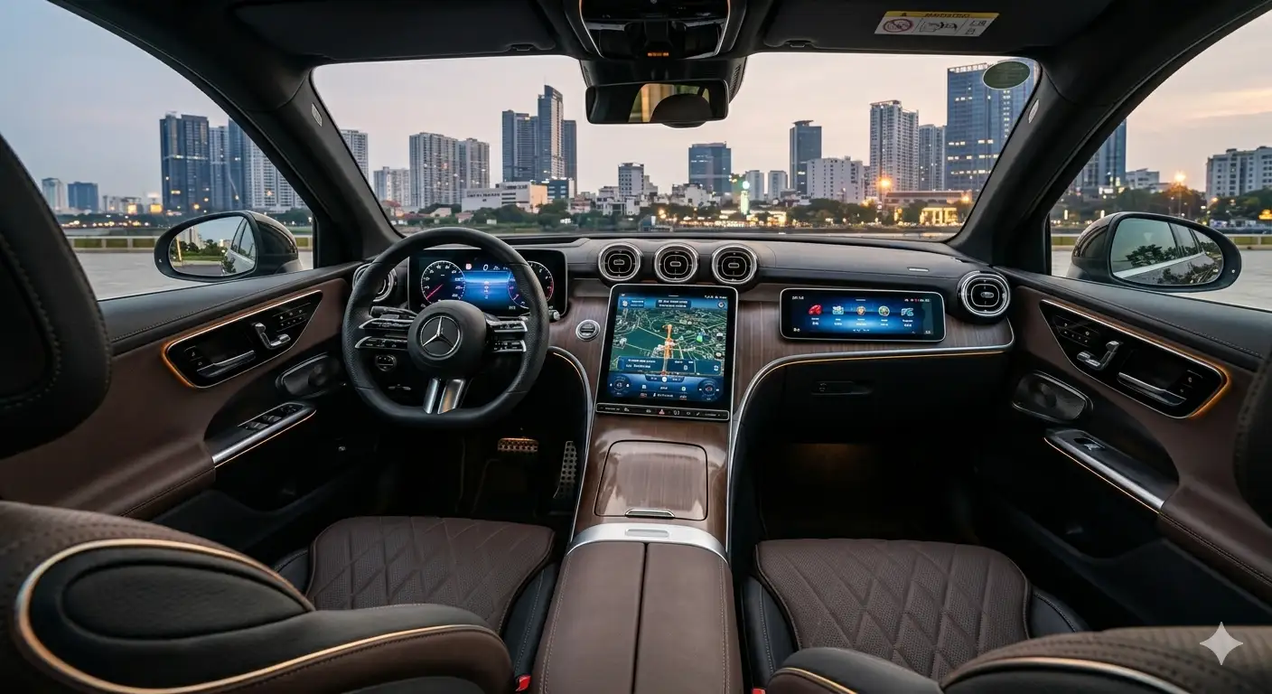 Khoang lái kỹ thuật số hiện đại với màn hình lớn trên Mercedes GLC 300 2026.