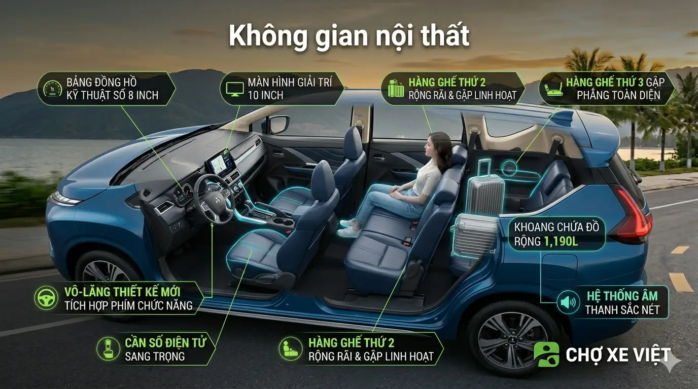 Không gian nội thất rộng rãi và cần số điện tử trên Xpander Hybrid 2026.
