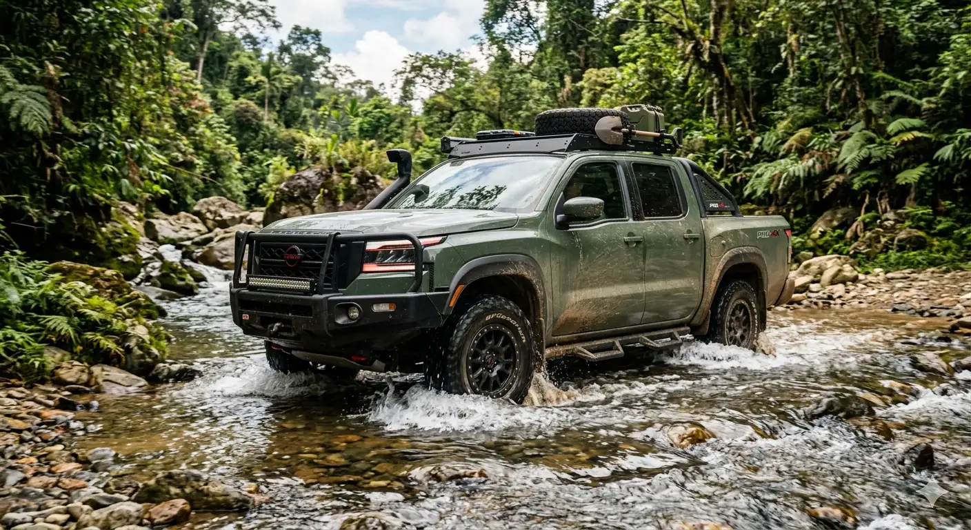 Ngoại thất Nissan Frontier Pro-4X 2026 lội suối thể hiện khả năng vận hành off-road với hệ thống treo Bilstein