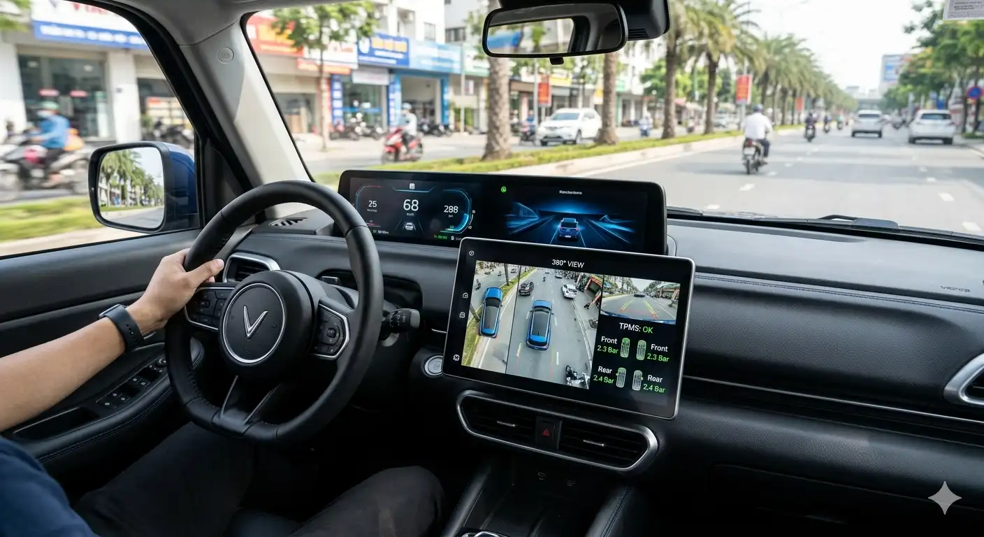 nội thất VinFast VF3 2026 trang bị màn hình ODO lớn, camera 360 độ và cảm biến áp suất lốp